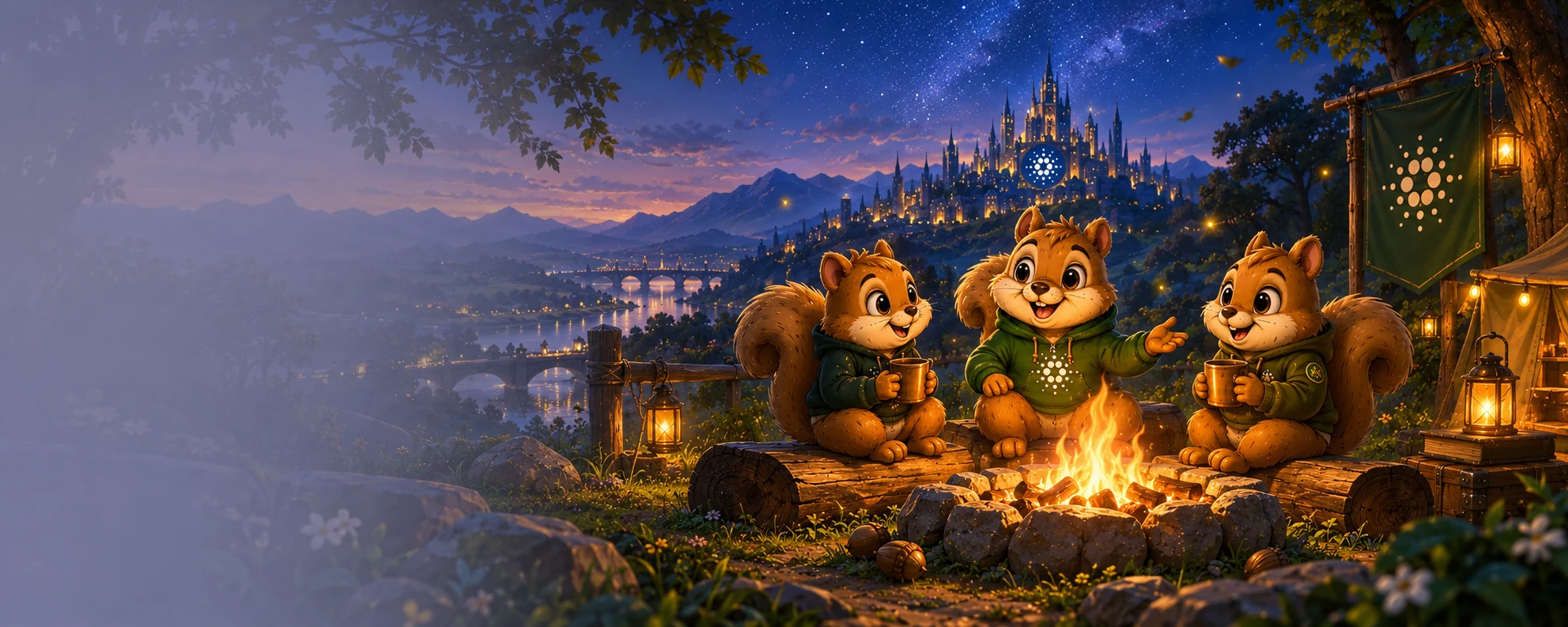 SUGR community squirrels gathered around a campfire