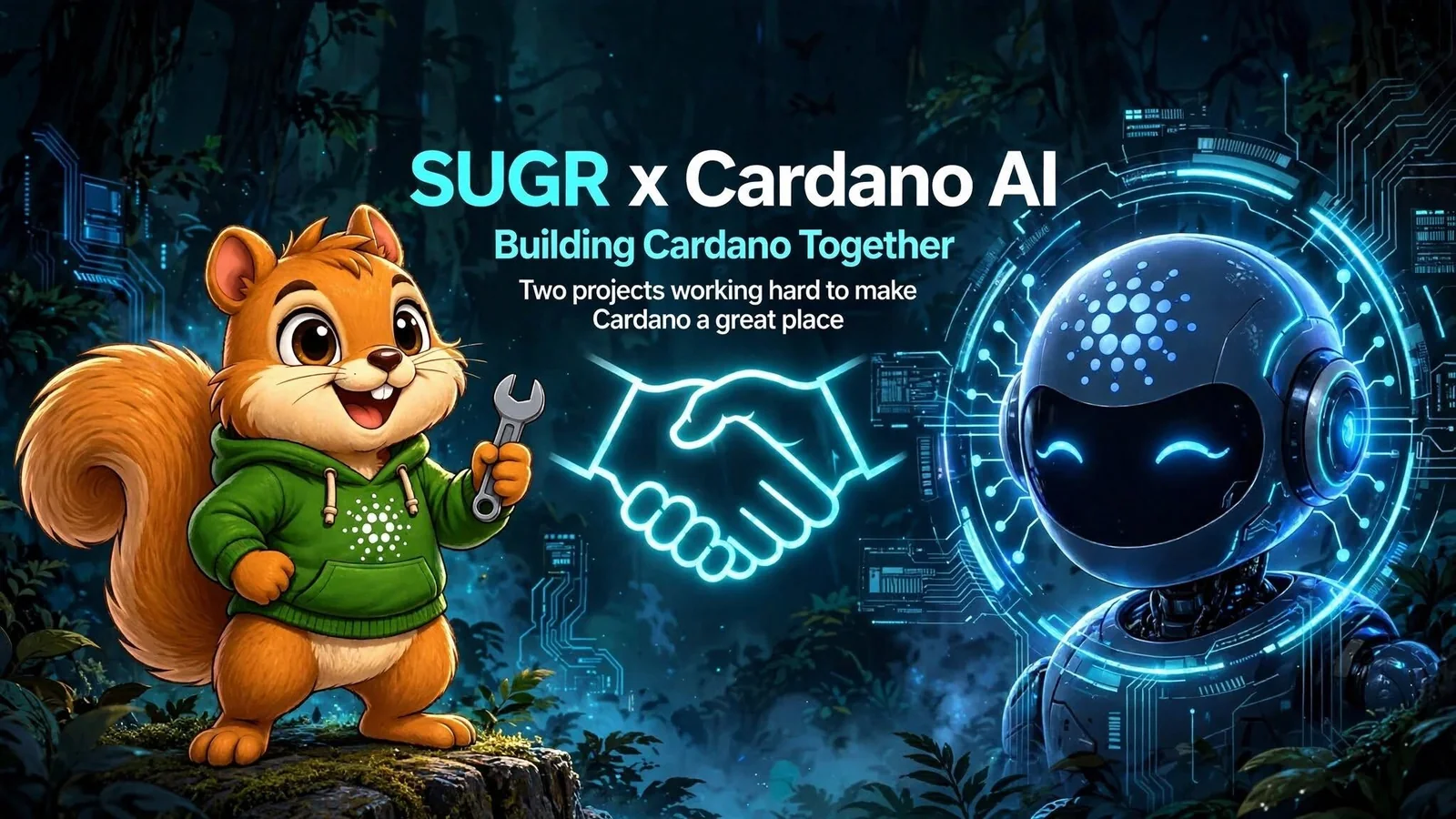 SUGR squirrel and a Cardano Smart AI robot meeting around a glowing handshake in a Cardano-inspired digital forest