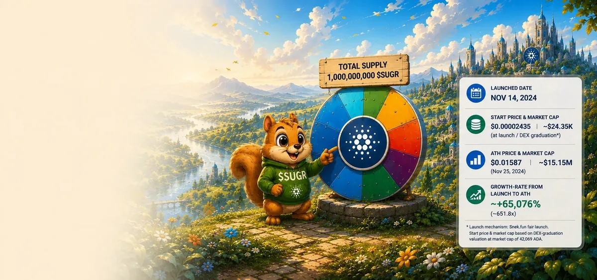 Illustration of SUGR's 2024 Cardano era with squirrel, token wheel and historical statistics